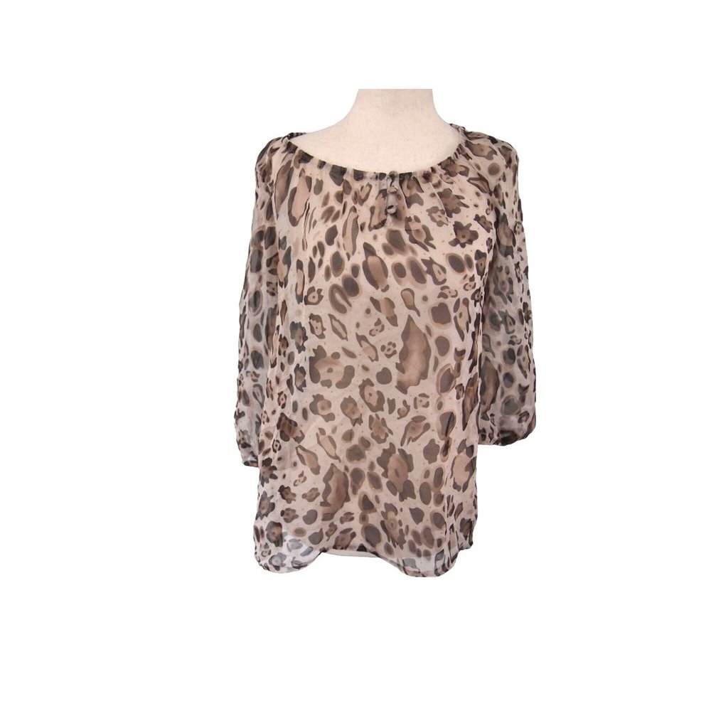 Chicos Womens Blouse Top 0/S Animal Leopard Print Sheer Chiffon 3/4 Sleeve